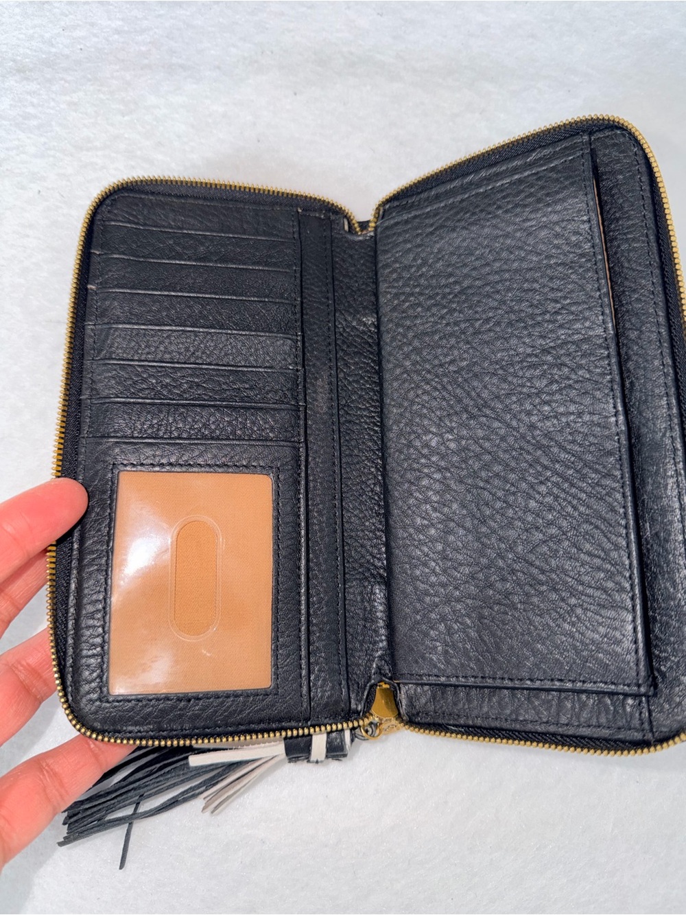 Like New Nila HOBO Black Leather Zip Wallet with Black and Cream Tassel - Picture 4 of 11